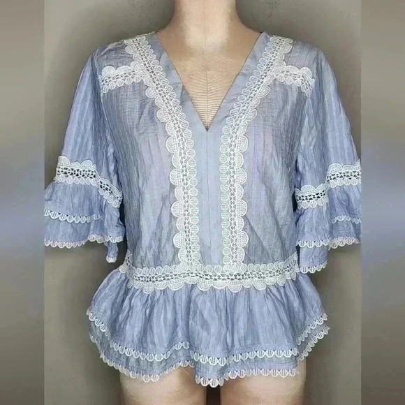 J Crew Faded Lace Trim Top NWT New Womens Size Small Light Blue and White - Picture 4 of 14